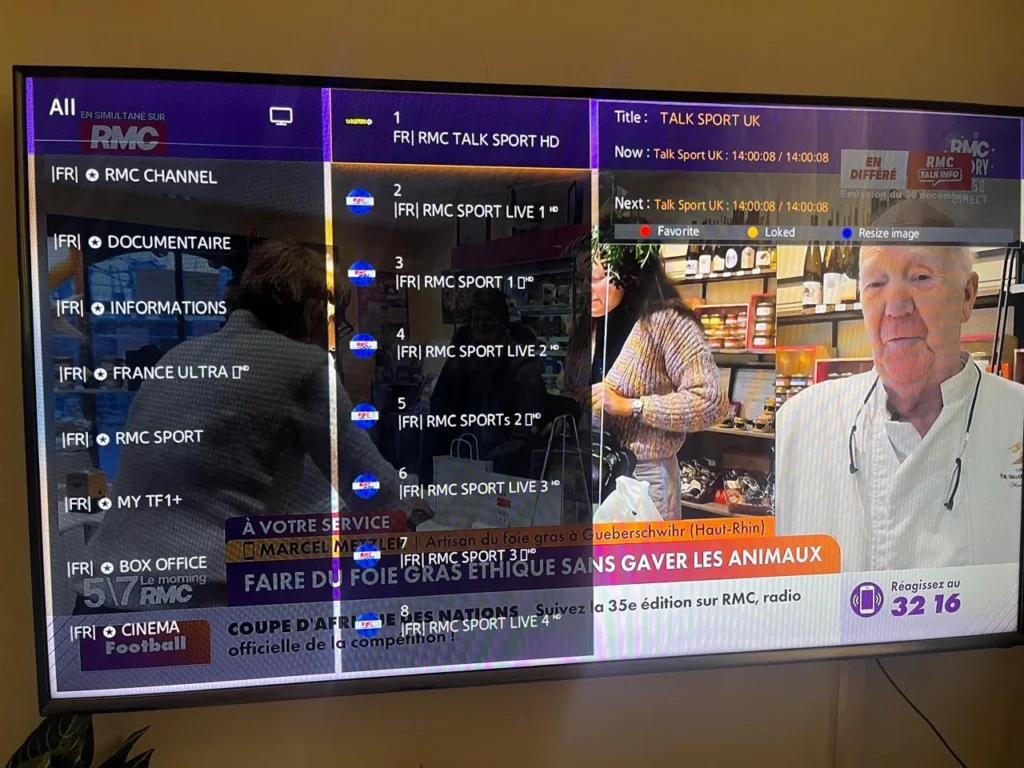 Interface IPTV Smarters Pro sur Smart TV avec chaînes sportives en direct